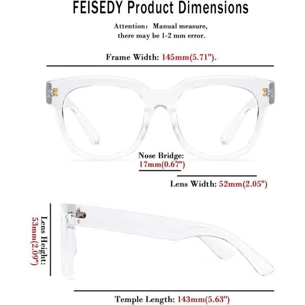 FEISEDY Retro Square Thick Big Frame Blue Light Blocking Reading Glasses Anti Glare Digital Eyestrain Reader B2523Clear