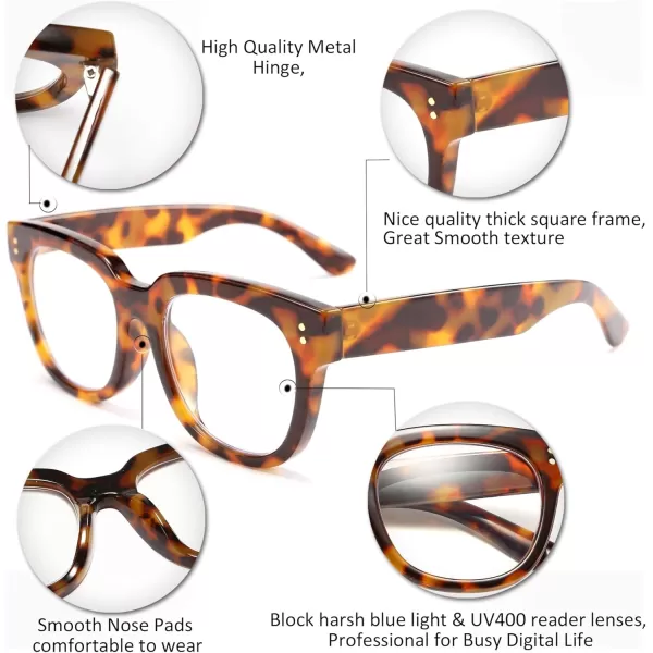 FEISEDY Retro Square Thick Big Frame Blue Light Blocking Reading Glasses Anti Glare Digital Eyestrain Reader B2523Leopard