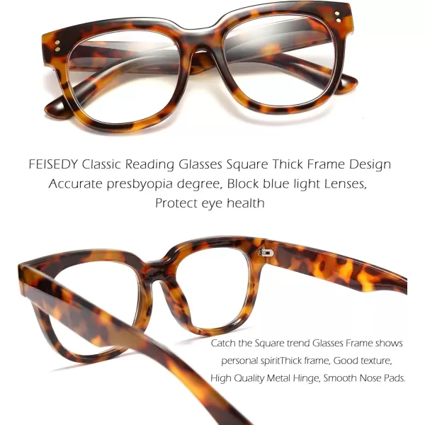FEISEDY Retro Square Thick Big Frame Blue Light Blocking Reading Glasses Anti Glare Digital Eyestrain Reader B2523Leopard