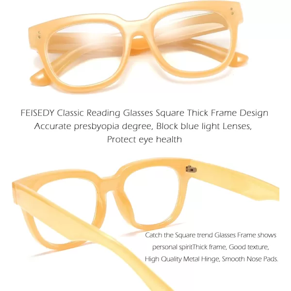 FEISEDY Retro Square Thick Big Frame Blue Light Blocking Reading Glasses Anti Glare Digital Eyestrain Reader B2523Light Yellow