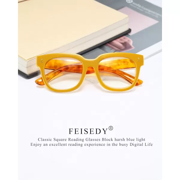 FEISEDY Retro Square Thick Big Frame Blue Light Blocking Reading Glasses Anti Glare Digital Eyestrain Reader B2523Mix Amber