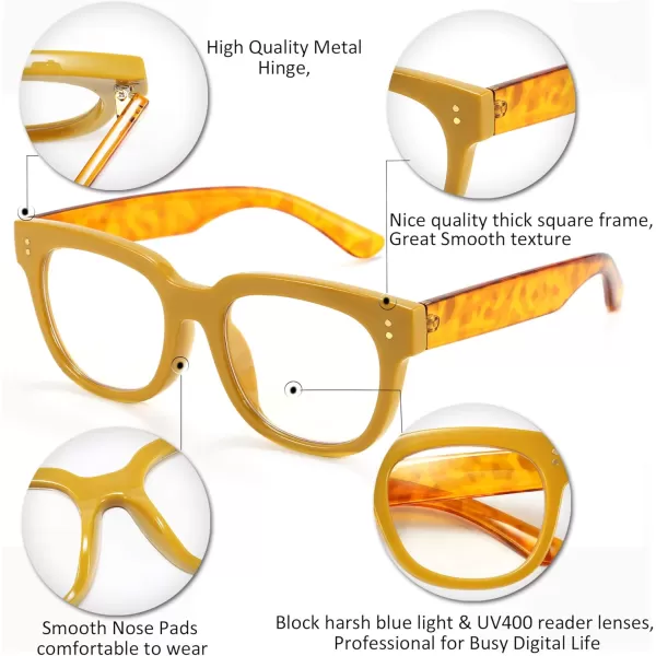 FEISEDY Retro Square Thick Big Frame Blue Light Blocking Reading Glasses Anti Glare Digital Eyestrain Reader B2523Mix Amber