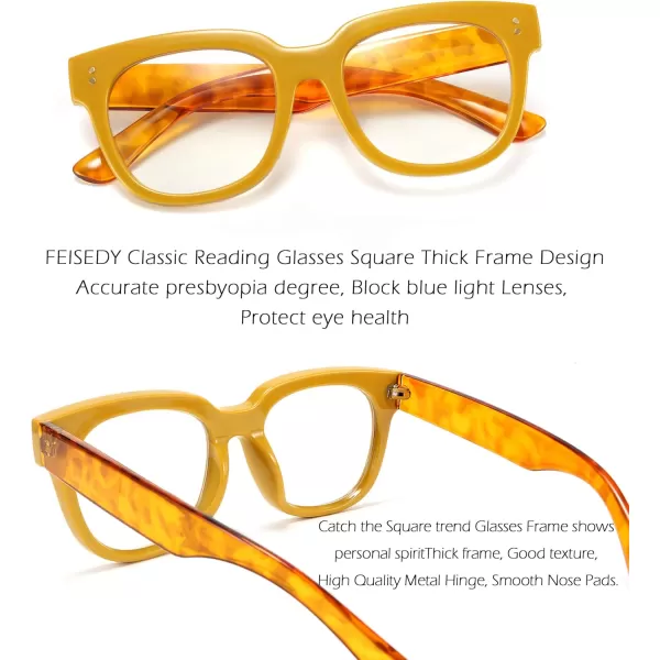 FEISEDY Retro Square Thick Big Frame Blue Light Blocking Reading Glasses Anti Glare Digital Eyestrain Reader B2523Mix Amber