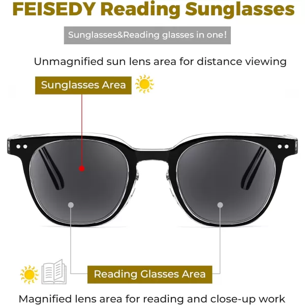FEISEDY Round Reading Sunglasses for Men and Women Stylish Glasses with Readers B0113Black Frame Gray Lenses