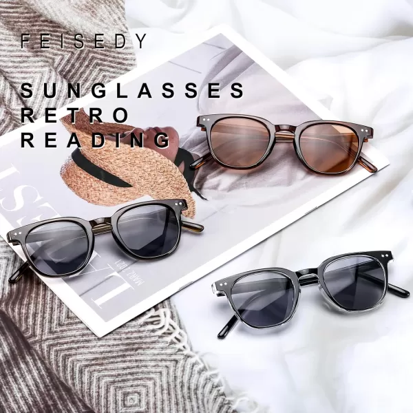 FEISEDY Round Reading Sunglasses for Men and Women Stylish Glasses with Readers B0113Black Frame Gray Lenses