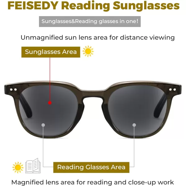 FEISEDY Round Reading Sunglasses for Men and Women Stylish Glasses with Readers B0113Olive Green Frame Gray Lenses