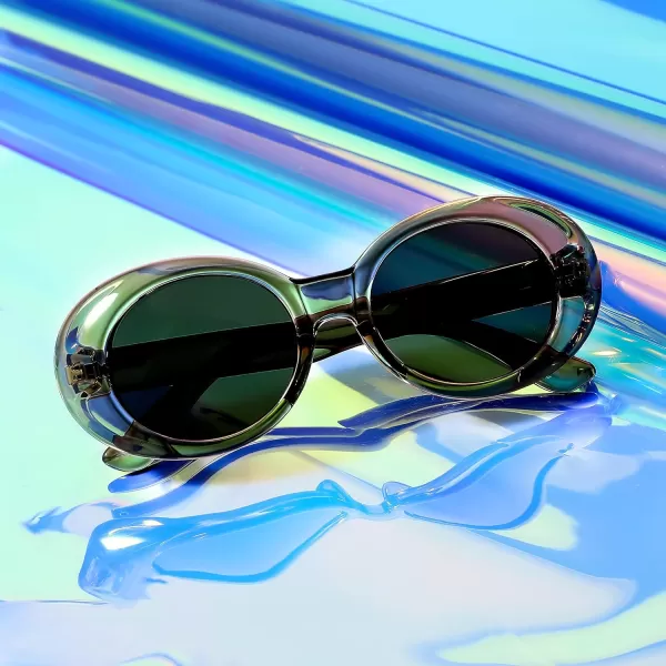 FEISEDY Sunglasses White Oval Clout Goggles for Women Men Retro Round Trendy Rimmed Clueless Costume Frame B2253Greentransparent