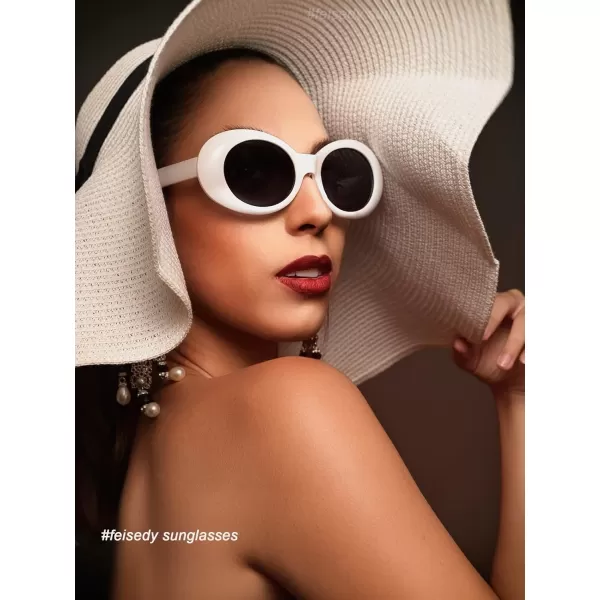 FEISEDY Sunglasses White Oval Clout Goggles for Women Men Retro Round Trendy Rimmed Clueless Costume Frame B2253Pink