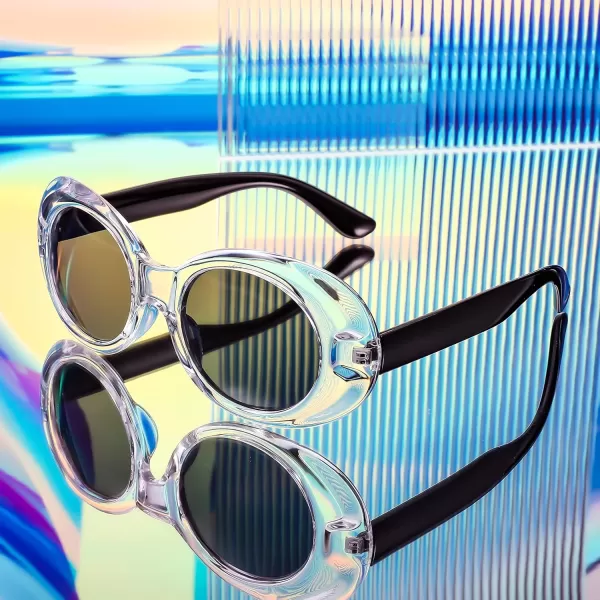 FEISEDY Sunglasses White Oval Clout Goggles for Women Men Retro Round Trendy Rimmed Clueless Costume Frame B2253Transparent