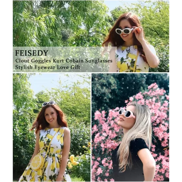 FEISEDY Sunglasses White Oval Clout Goggles for Women Men Retro Round Trendy Rimmed Clueless Costume Frame B2253Whiteblue