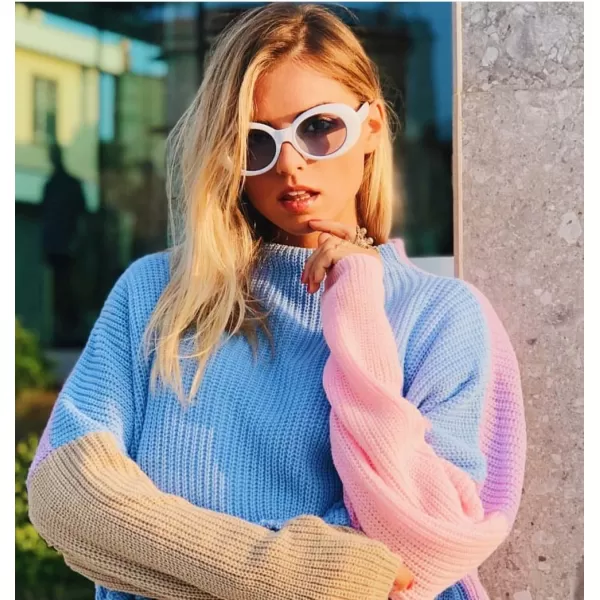 FEISEDY Sunglasses White Oval Clout Goggles for Women Men Retro Round Trendy Rimmed Clueless Costume Frame B2253Whitepink