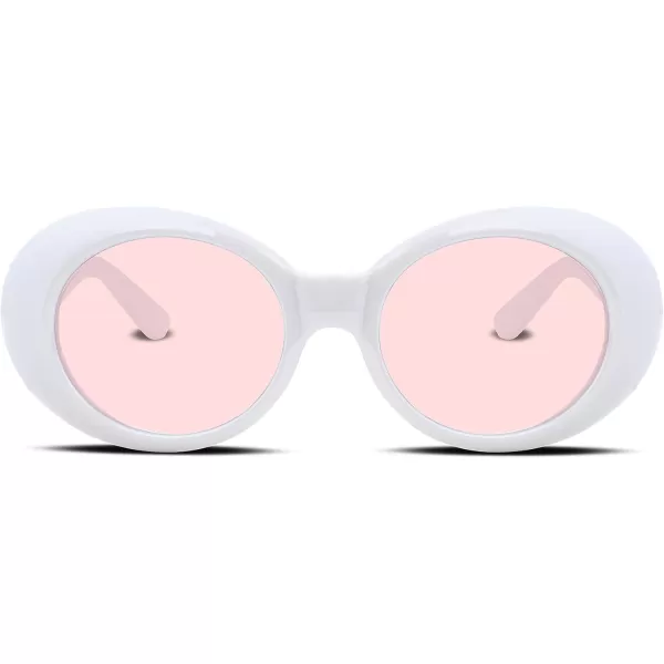 FEISEDY Sunglasses White Oval Clout Goggles for Women Men Retro Round Trendy Rimmed Clueless Costume Frame B2253Whitepink