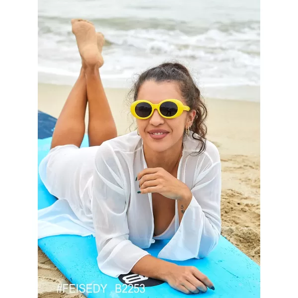 FEISEDY Sunglasses White Oval Clout Goggles for Women Men Retro Round Trendy Rimmed Clueless Costume Frame B2253Yellow
