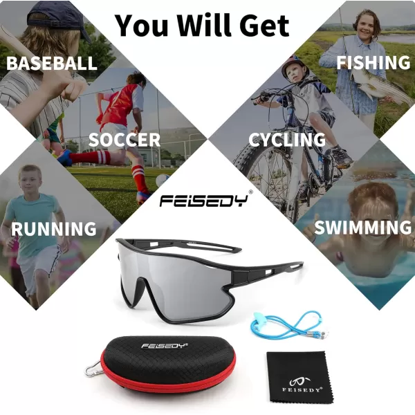 FEISEDY Unisex Youth Sunglasses Teens Baseball Tennis Sunglasses UV400 Sports Boys Girls Cycling Shades B4064Black FrameSliver Mirror