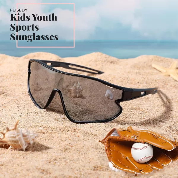 FEISEDY Unisex Youth Sunglasses Teens Baseball Tennis Sunglasses UV400 Sports Boys Girls Cycling Shades B4064Black FrameSliver Mirror