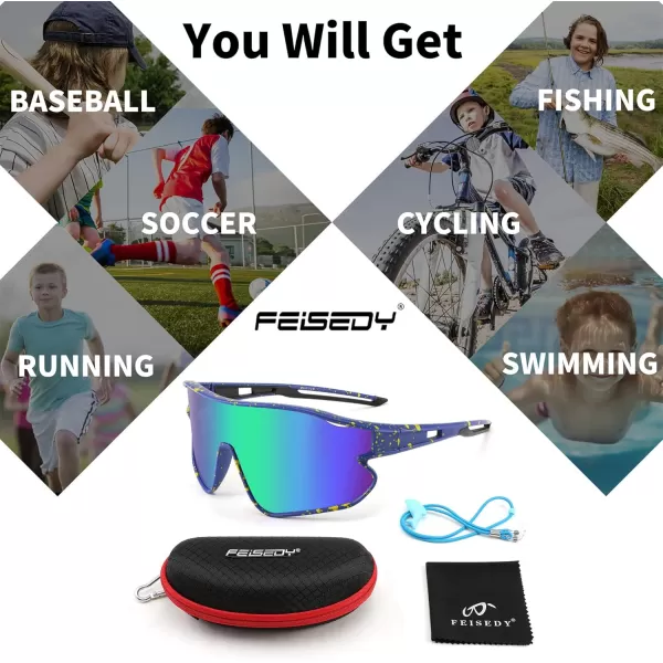FEISEDY Unisex Youth Sunglasses Teens Baseball Tennis Sunglasses UV400 Sports Boys Girls Cycling Shades B4064Blue Yellow FrameGreen Mirror