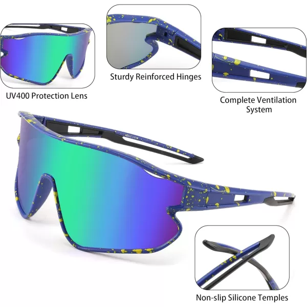 FEISEDY Unisex Youth Sunglasses Teens Baseball Tennis Sunglasses UV400 Sports Boys Girls Cycling Shades B4064Blue Yellow FrameGreen Mirror