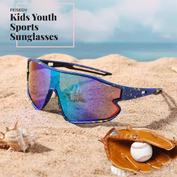 FEISEDY Unisex Youth Sunglasses Teens Baseball Tennis Sunglasses UV400 Sports Boys Girls Cycling Shades B4064Blue Yellow FrameGreen Mirror