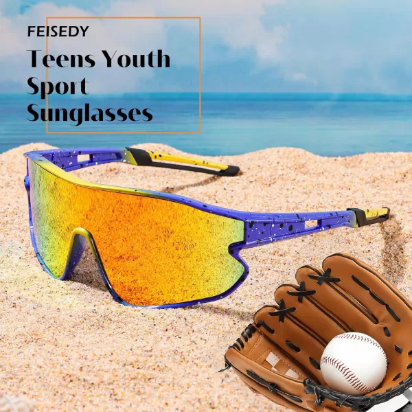 FEISEDY Unisex Youth Sunglasses Teens Baseball Tennis Sunglasses UV400 Sports Boys Girls Cycling Shades B4064Blue Yellow FrameRed Mirror