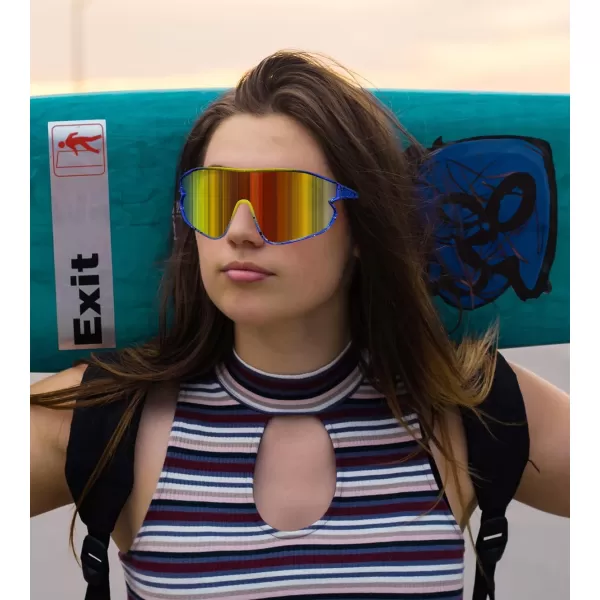 FEISEDY Unisex Youth Sunglasses Teens Baseball Tennis Sunglasses UV400 Sports Boys Girls Cycling Shades B4064Blue Yellow FrameRed Mirror