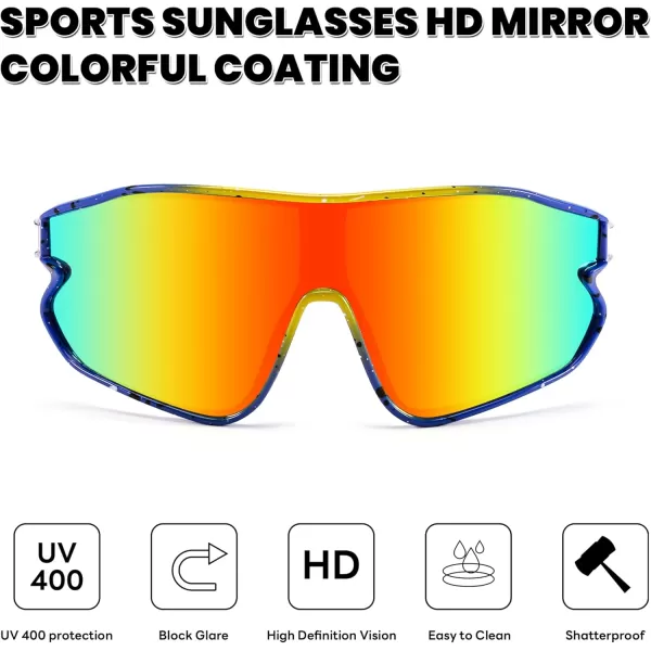FEISEDY Unisex Youth Sunglasses Teens Baseball Tennis Sunglasses UV400 Sports Boys Girls Cycling Shades B4064Blue Yellow FrameRed Mirror