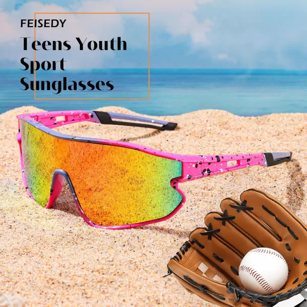 FEISEDY Unisex Youth Sunglasses Teens Baseball Tennis Sunglasses UV400 Sports Boys Girls Cycling Shades B4064Pink FramePink Red Mirror