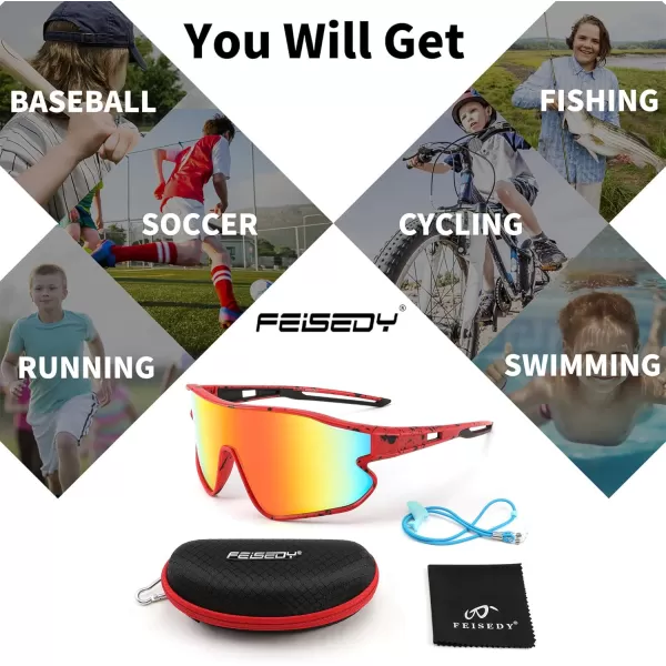FEISEDY Unisex Youth Sunglasses Teens Baseball Tennis Sunglasses UV400 Sports Boys Girls Cycling Shades B4064Red Black FrameRed Mirror