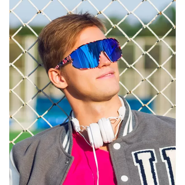 FEISEDY Unisex Youth Sunglasses Teens Baseball Tennis Sunglasses UV400 Sports Boys Girls Cycling Shades B4064Starsstripes StyleBlue Lens