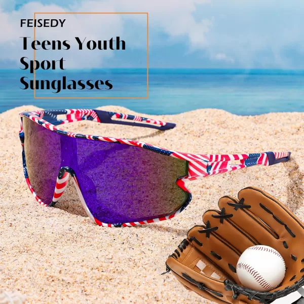 FEISEDY Unisex Youth Sunglasses Teens Baseball Tennis Sunglasses UV400 Sports Boys Girls Cycling Shades B4064Starsstripes StyleBlue Lens