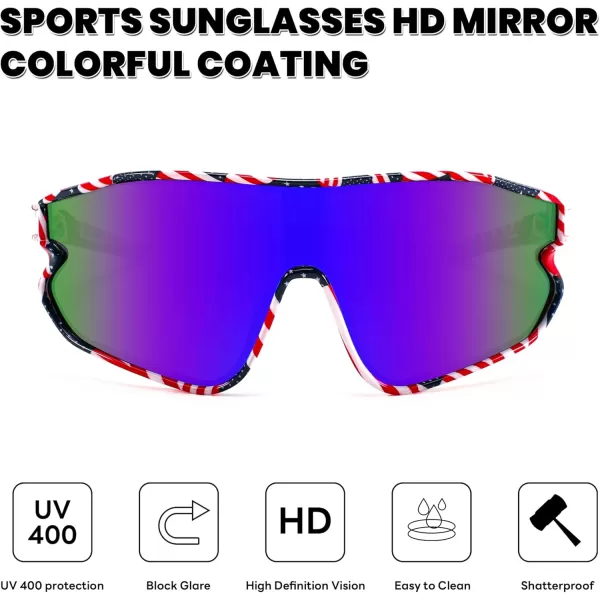 FEISEDY Unisex Youth Sunglasses Teens Baseball Tennis Sunglasses UV400 Sports Boys Girls Cycling Shades B4064Starsstripes StyleBlue Lens