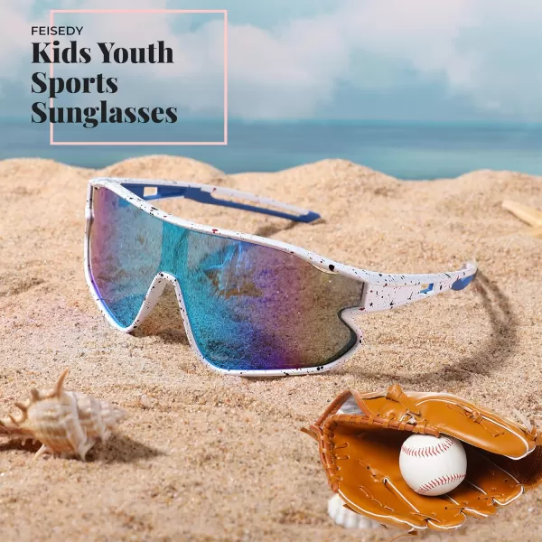 FEISEDY Unisex Youth Sunglasses Teens Baseball Tennis Sunglasses UV400 Sports Boys Girls Cycling Shades B4064White Black FrameBlue Mirror