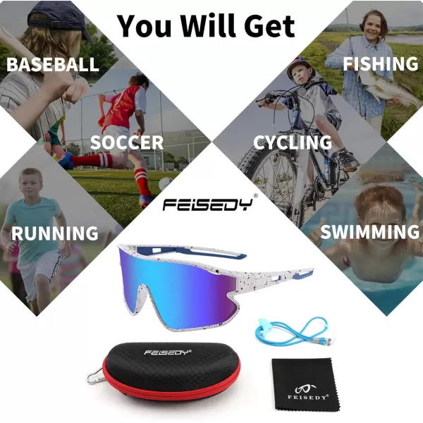 FEISEDY Unisex Youth Sunglasses Teens Baseball Tennis Sunglasses UV400 Sports Boys Girls Cycling Shades B4064White Black FrameBlue Mirror