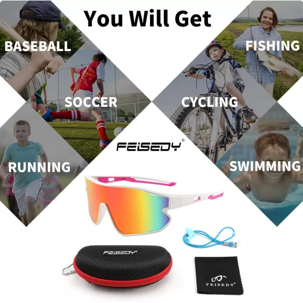 FEISEDY Unisex Youth Sunglasses Teens Baseball Tennis Sunglasses UV400 Sports Boys Girls Cycling Shades B4064White FramePurple Gold Mirror