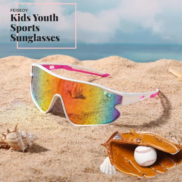 FEISEDY Unisex Youth Sunglasses Teens Baseball Tennis Sunglasses UV400 Sports Boys Girls Cycling Shades B4064White FramePurple Gold Mirror