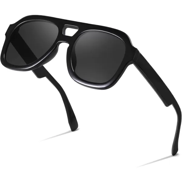 FEISEDY Vintage Aviator Sunglasses Double Bridge Women Men Large Square Thick Frame Trendy Eyewear UV400 B2846Black Frame  Gray Lens