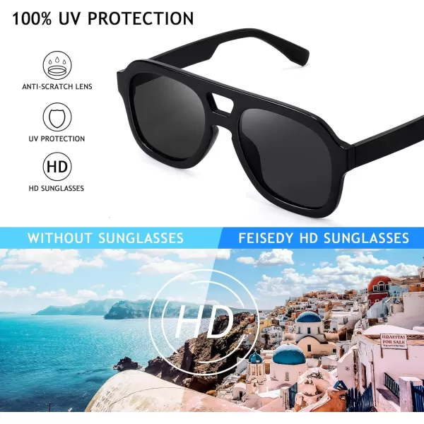 FEISEDY Vintage Aviator Sunglasses Double Bridge Women Men Large Square Thick Frame Trendy Eyewear UV400 B2846Black Frame  Gray Lens