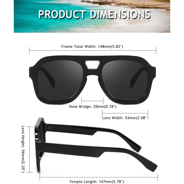FEISEDY Vintage Aviator Sunglasses Double Bridge Women Men Large Square Thick Frame Trendy Eyewear UV400 B2846Black Frame  Gray Lens