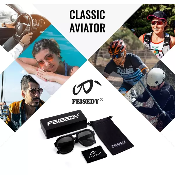 FEISEDY Vintage Aviator Sunglasses Double Bridge Women Men Large Square Thick Frame Trendy Eyewear UV400 B2846Black Frame  Gray Lens