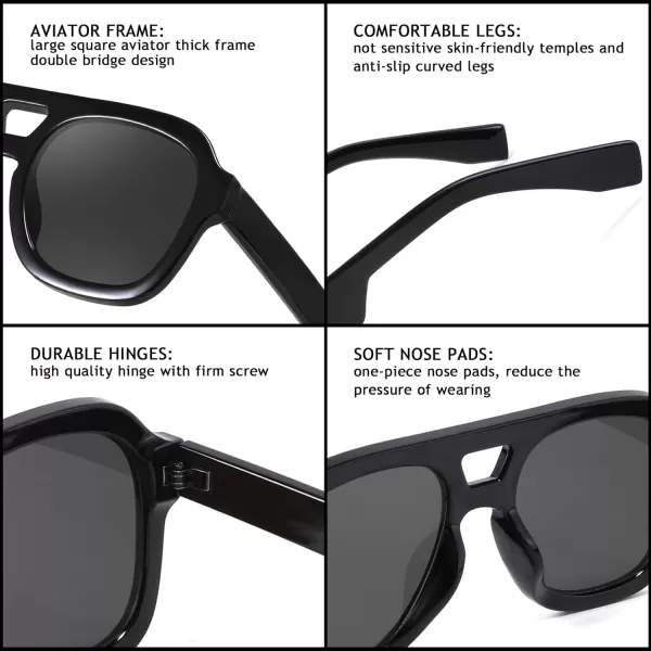 FEISEDY Vintage Aviator Sunglasses Double Bridge Women Men Large Square Thick Frame Trendy Eyewear UV400 B2846Black Frame  Gray Lens