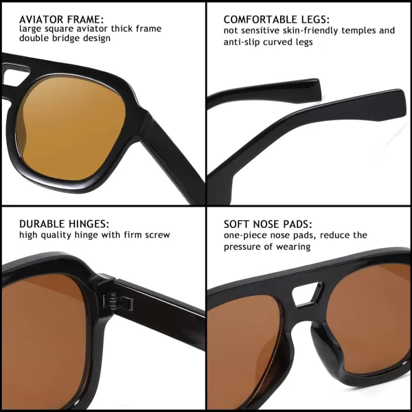 FEISEDY Vintage Aviator Sunglasses Double Bridge Women Men Large Square Thick Frame Trendy Eyewear UV400 B2846Black Frame  Tea Lens