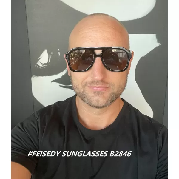 FEISEDY Vintage Aviator Sunglasses Double Bridge Women Men Large Square Thick Frame Trendy Eyewear UV400 B2846Black Frame  Tea Lens