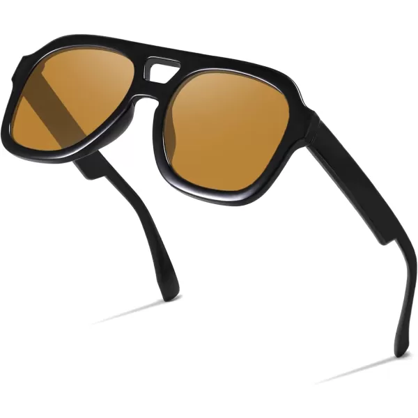 FEISEDY Vintage Aviator Sunglasses Double Bridge Women Men Large Square Thick Frame Trendy Eyewear UV400 B2846Black Frame  Tea Lens