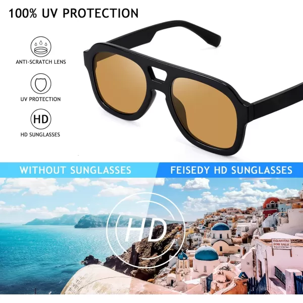 FEISEDY Vintage Aviator Sunglasses Double Bridge Women Men Large Square Thick Frame Trendy Eyewear UV400 B2846Black Frame  Tea Lens