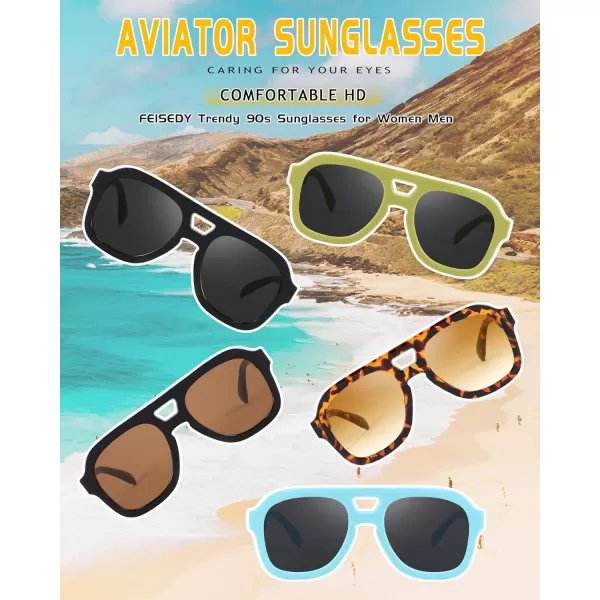 FEISEDY Vintage Aviator Sunglasses Double Bridge Women Men Large Square Thick Frame Trendy Eyewear UV400 B2846Blue Frame  Gray Lens
