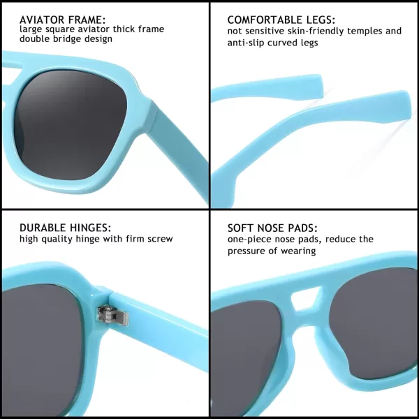 FEISEDY Vintage Aviator Sunglasses Double Bridge Women Men Large Square Thick Frame Trendy Eyewear UV400 B2846Blue Frame  Gray Lens