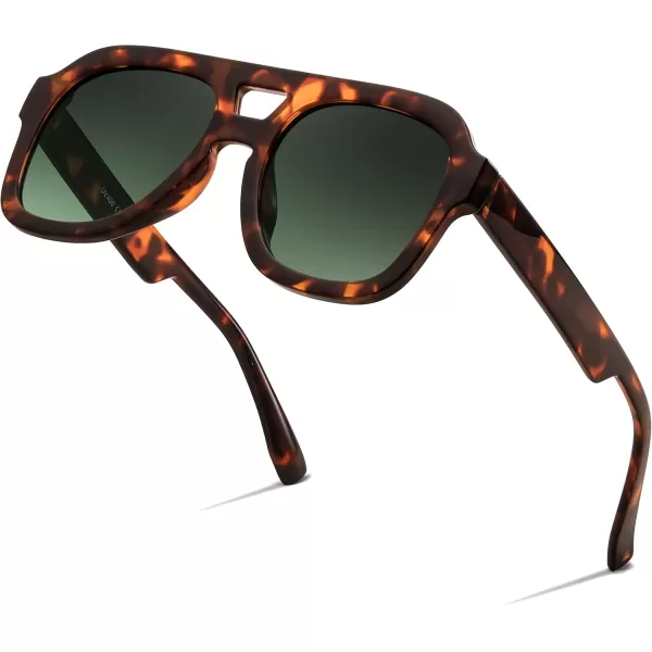 FEISEDY Vintage Aviator Sunglasses Double Bridge Women Men Large Square Thick Frame Trendy Eyewear UV400 B2846Brown Tortoise Frame  Gradient Dark Green Lens