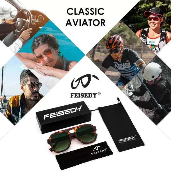 FEISEDY Vintage Aviator Sunglasses Double Bridge Women Men Large Square Thick Frame Trendy Eyewear UV400 B2846Brown Tortoise Frame  Gradient Dark Green Lens