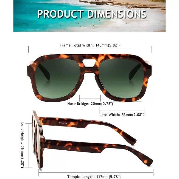 FEISEDY Vintage Aviator Sunglasses Double Bridge Women Men Large Square Thick Frame Trendy Eyewear UV400 B2846Brown Tortoise Frame  Gradient Dark Green Lens