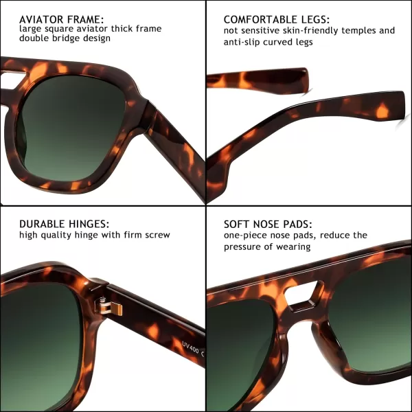FEISEDY Vintage Aviator Sunglasses Double Bridge Women Men Large Square Thick Frame Trendy Eyewear UV400 B2846Brown Tortoise Frame  Gradient Dark Green Lens
