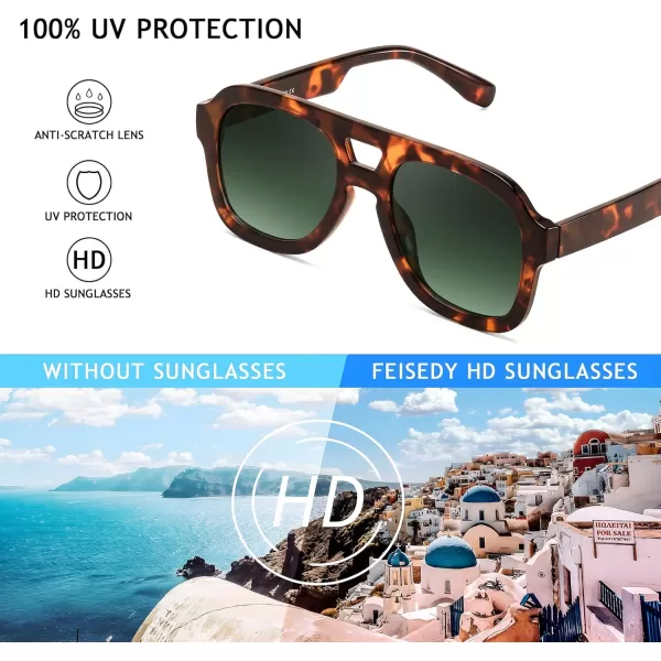 FEISEDY Vintage Aviator Sunglasses Double Bridge Women Men Large Square Thick Frame Trendy Eyewear UV400 B2846Brown Tortoise Frame  Gradient Dark Green Lens